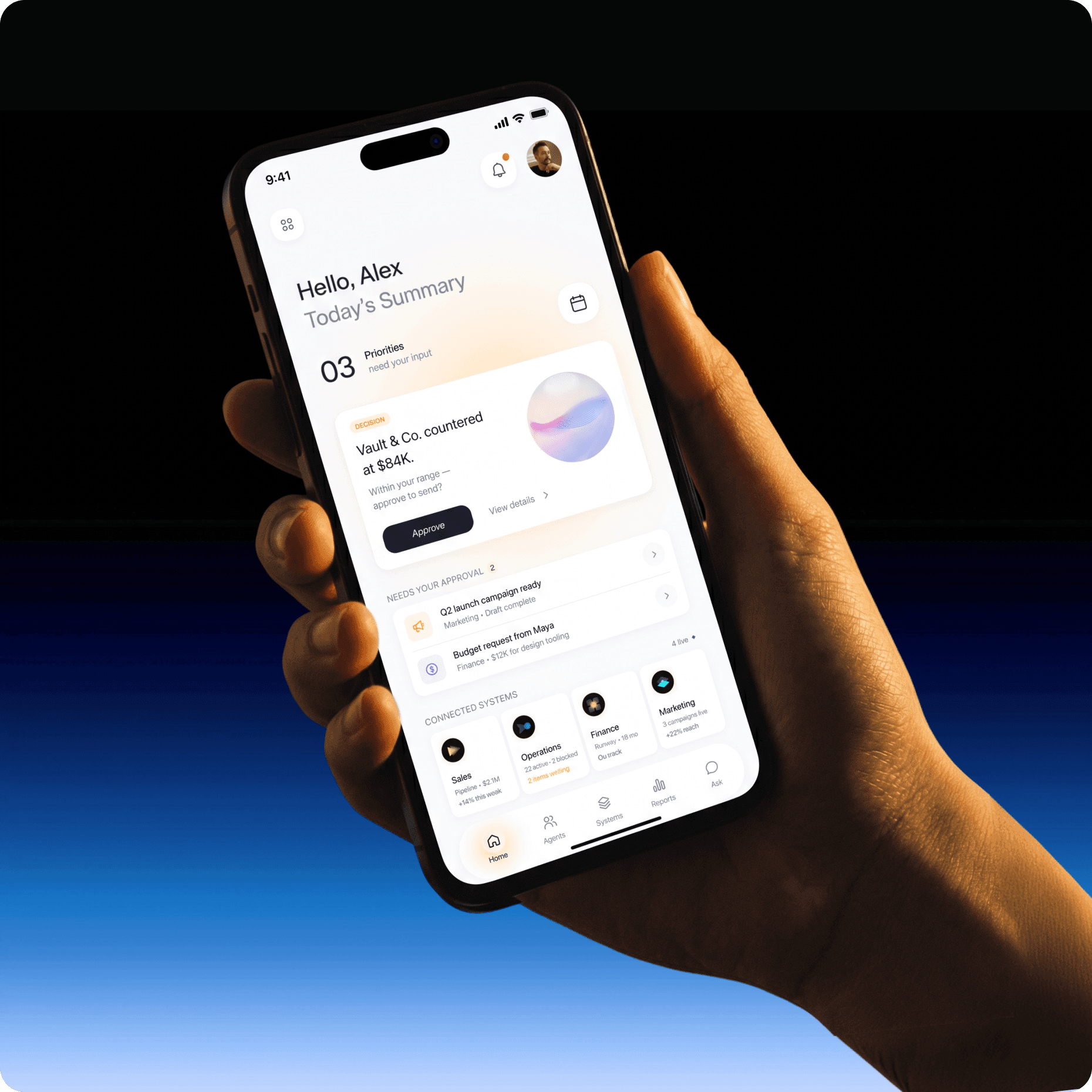 Skylar mobile app showing today's focus and tasks
